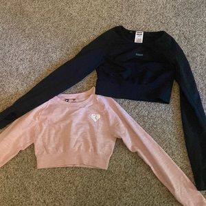 Two long sleeve cropped work out shirts (black gym shark & pink womens best)